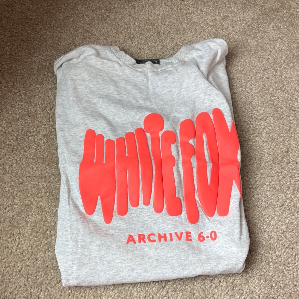 White Fox Boutique Gray Short Sleeve Tee with Neon Coral Logo